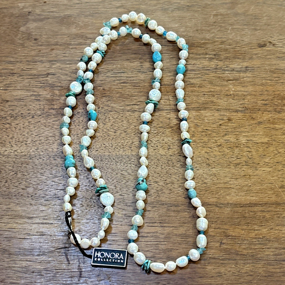Honora Freshwater Pearl & Turquoise Bead 40” Necklace 925 Sterling Clasp NWT - Picture 3 of 5